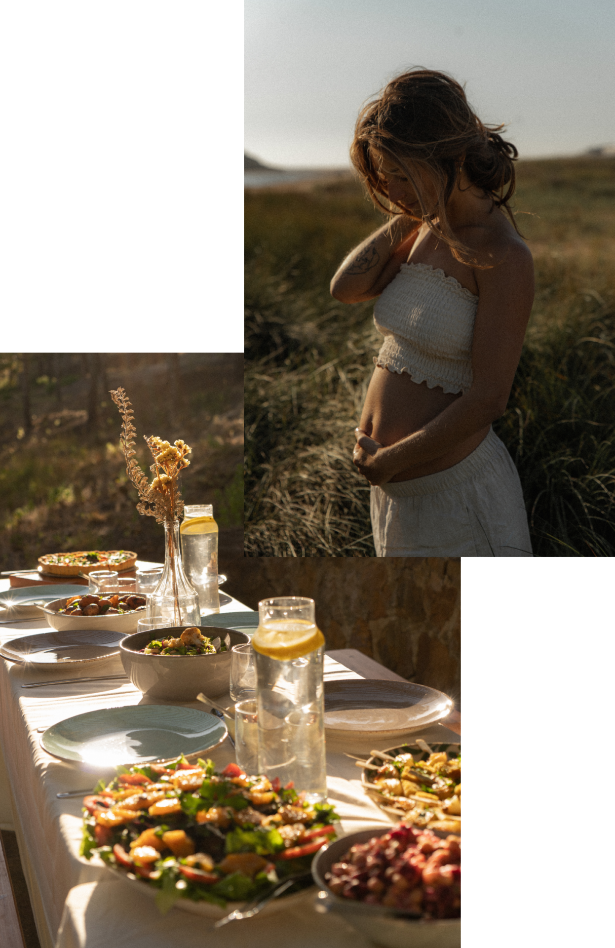 A photo collage of a pregnant yoga teacher holding her belly in the nature and full table of vegan food Photo credits: Selma Rijkhoff and Maximilian Salzer, Wurzelwerkstatt Retreat