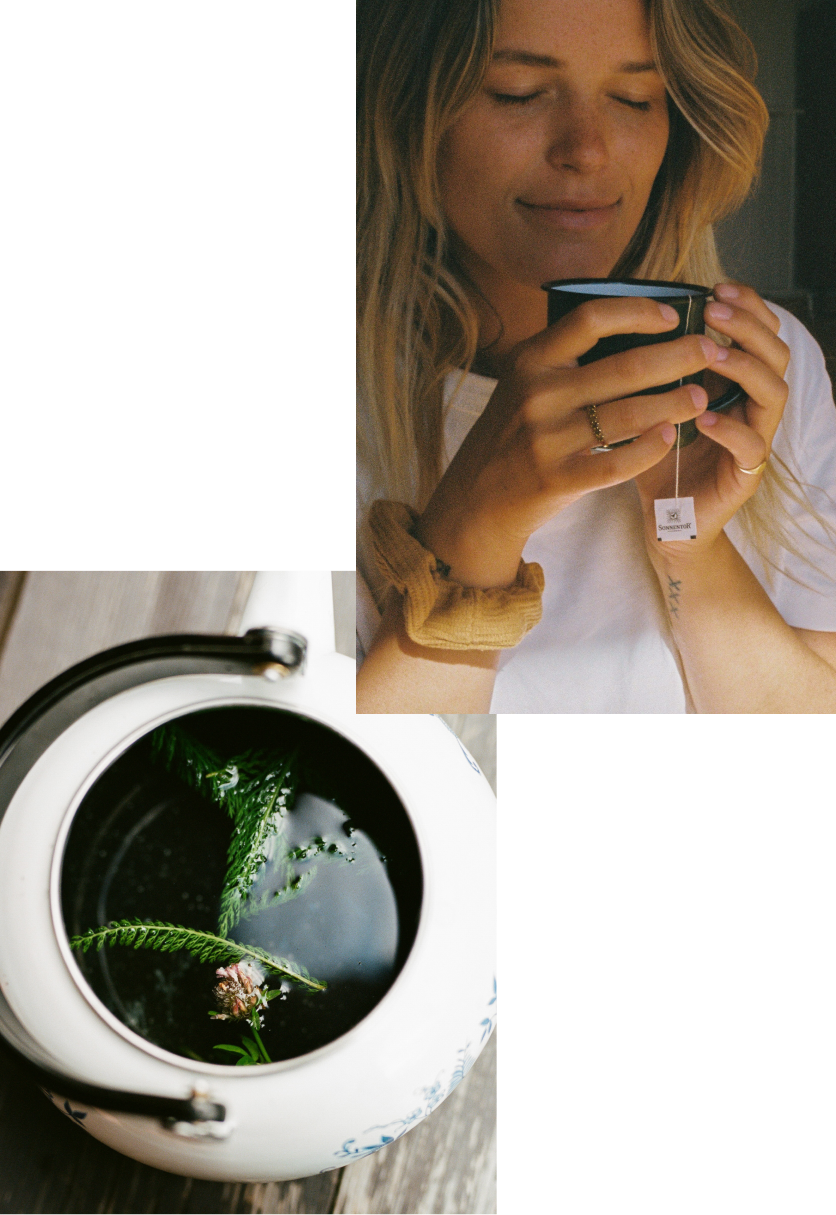 A photo collage of yoga teacher enjoying a cup of organic tea and teapot with fresh herbal tea Photo credit: Maximilian Salzer, Wurzelwerkstatt Retreat