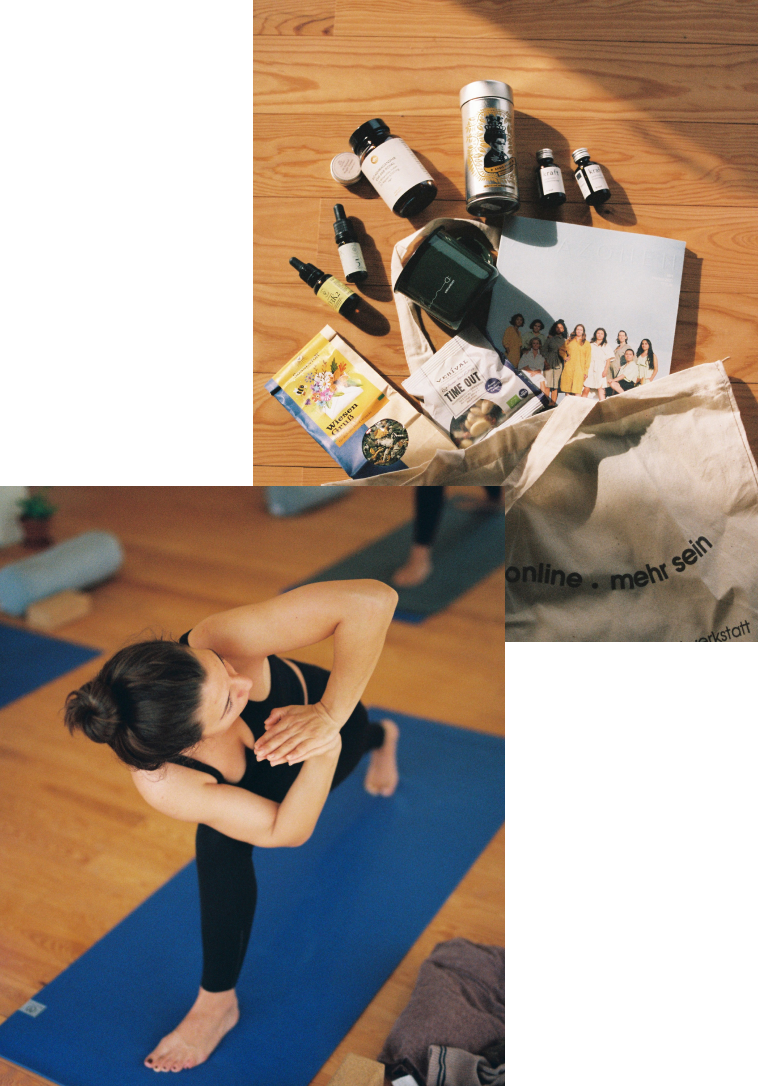 A photo collage of a student at the yoga class and a goodie bag full of organic products from the sponsors Photo credit: Maximilian Salzer, Wurzelwerkstatt Retreat